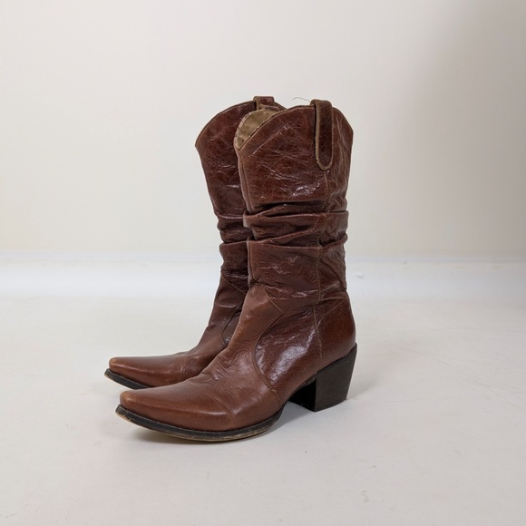 Brown Leather Cowgirl Cowboy Boots Mesh Lining Heeled Slouchy - Picture 7 of 12